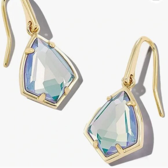 Kendra Scott Gold Tone Cory Drop Earrings Blue Dichroic Glass - Retired HTF - Picture 4 of 5